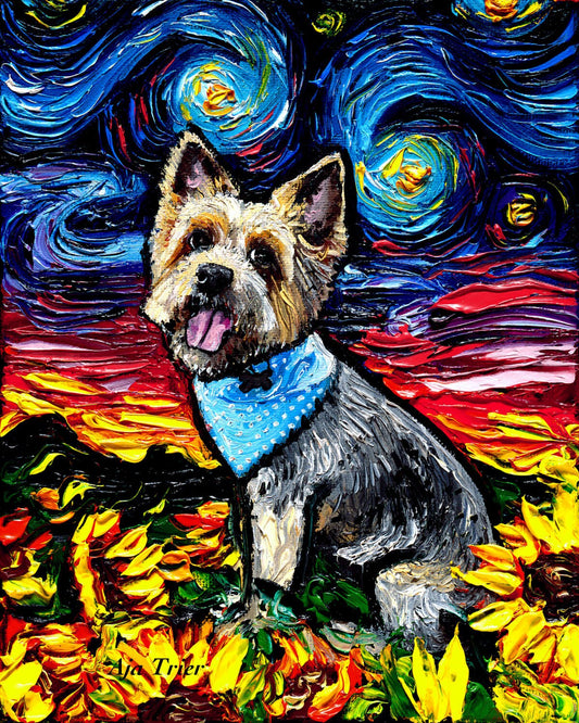 Silky Terrier Starry Night Dog with Sunflowers Art CANVAS print Ready to Hang wall decor artwork display by Aja animal pet cute