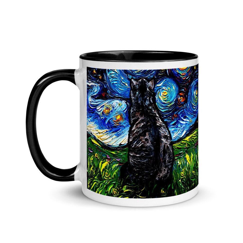 Gray Tabby Cat Back Starry Night Coffee Mug with Color Inside Cat Lover Starry Night Art by Aja ceramic cup 11 fluid ounces