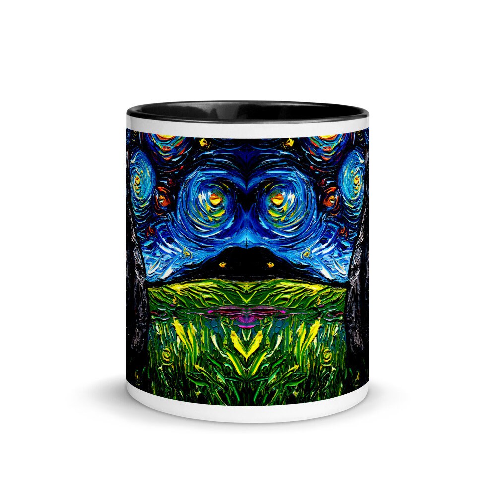 Gray Tabby Cat Back Starry Night Coffee Mug with Color Inside Cat Lover Starry Night Art by Aja ceramic cup 11 fluid ounces