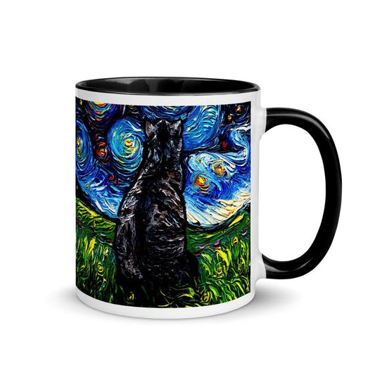 Gray Tabby Cat Back Starry Night Coffee Mug with Color Inside Cat Lover Starry Night Art by Aja ceramic cup 11 fluid ounces