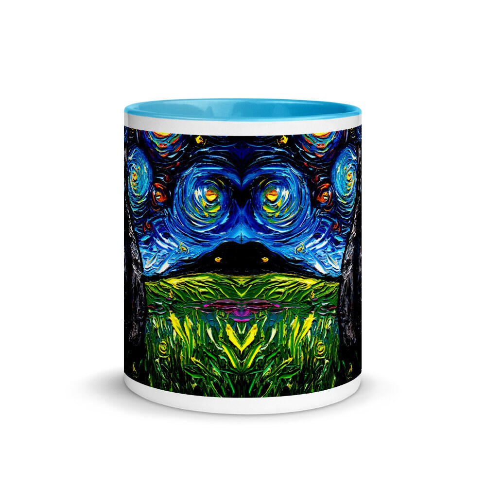 Gray Tabby Cat Back Starry Night Coffee Mug with Color Inside Cat Lover Starry Night Art by Aja ceramic cup 11 fluid ounces