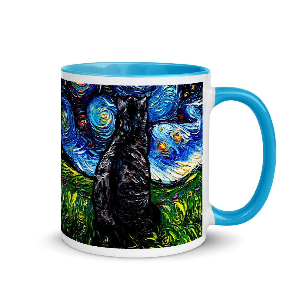 Gray Tabby Cat Back Starry Night Coffee Mug with Color Inside Cat Lover Starry Night Art by Aja ceramic cup 11 fluid ounces