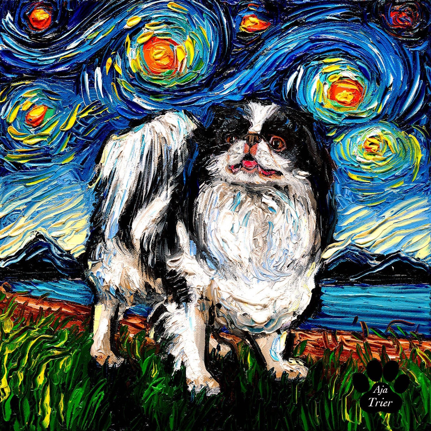 Black and White Japanese Chin Night Art CANVAS print Starry Night Dog Ready to Hang wall decor artwork by Aja Japanese Spaniel