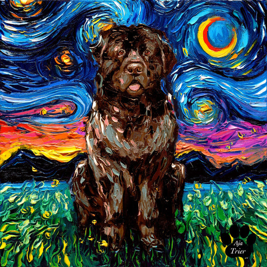 Brown Newfoundland Art Starry Night Art Print dog picture by Aja choose size and paper Photo Paper or Watercolor Paper artwork home decor