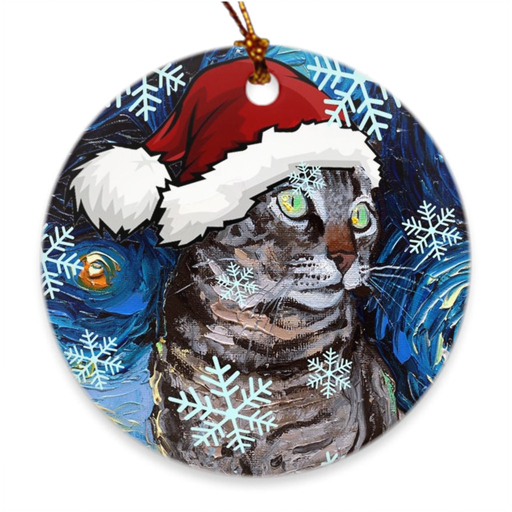 Tabby Cat Christmas Ornament Starry Night Holiday Tree Cat Lover Gift Heirloom Keepsake Ceramic Christmas Decoration Cat In Santa Hat