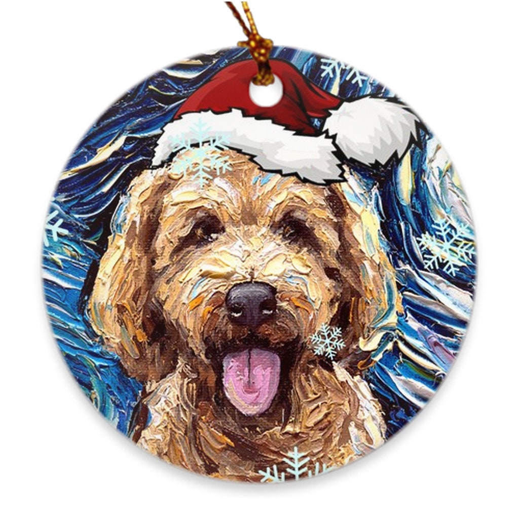 Goldendoodle In Santa Hat Art Starry Night 3x3 Inch Christmas Ornament Printed On Both Sides Ceramic Heirloom Tree Decoration