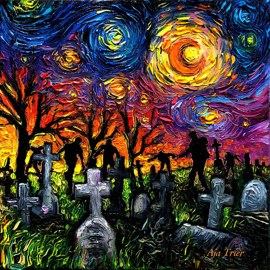 Starry Night of the Living Dead Zombie Art Print Halloween Scary Undead Cemetery Graveyard Dark Artwork by Aja choose size and type of paper