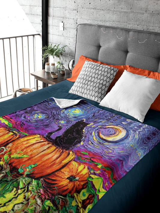 Gorgeous Black Cat and Pumpkin Patch Starry Hallow's Eve 60x50 inch Autumn Throw Blanket Fall Halloween decor Art by Aja