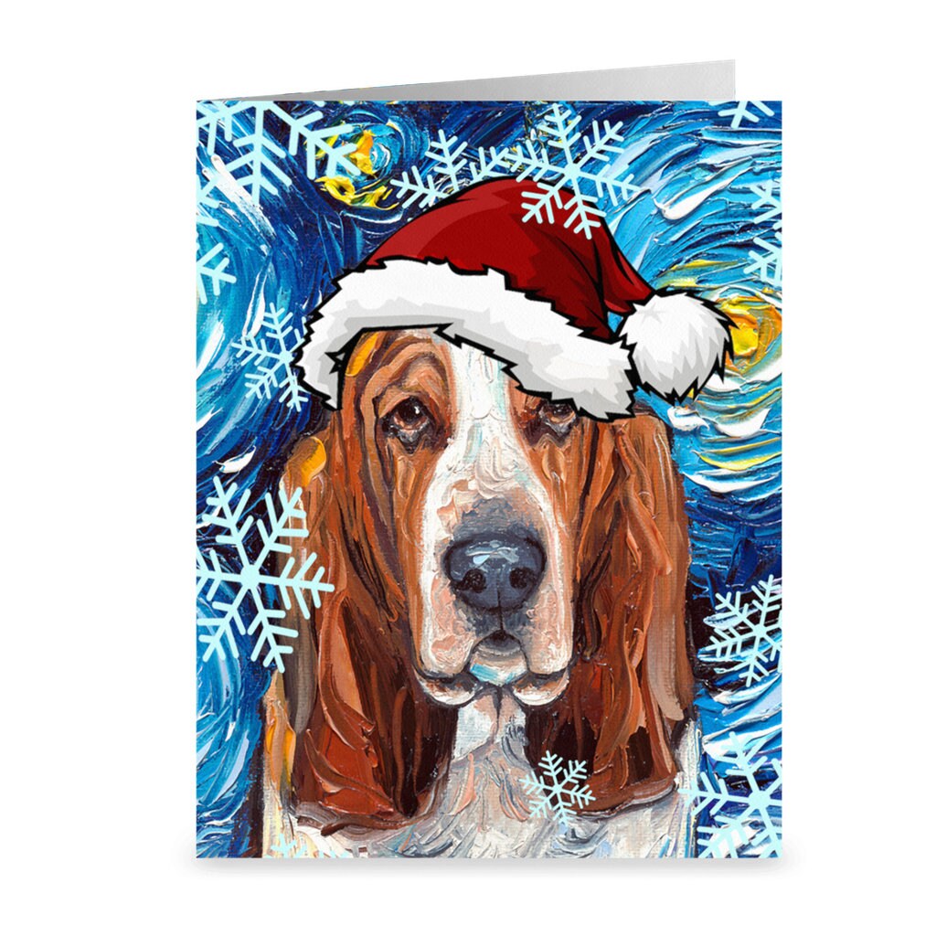 Basset Hound Starry Night Dog Christmas Folded Greeting Cards 4.25x5.5 Inches With Envelopes Image printed on both sides heavy card stock