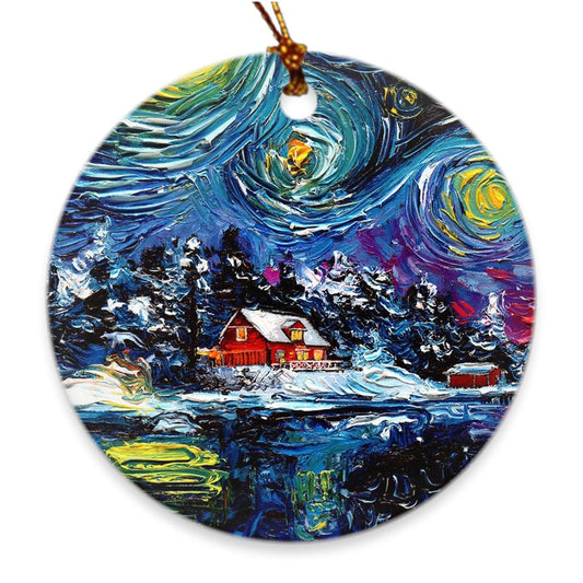 Winter Wonderland Art Starry Night Cabin 3x3 Inch Christmas Ornament Printed On Both Sides Ceramic Heirloom Tree Decoration