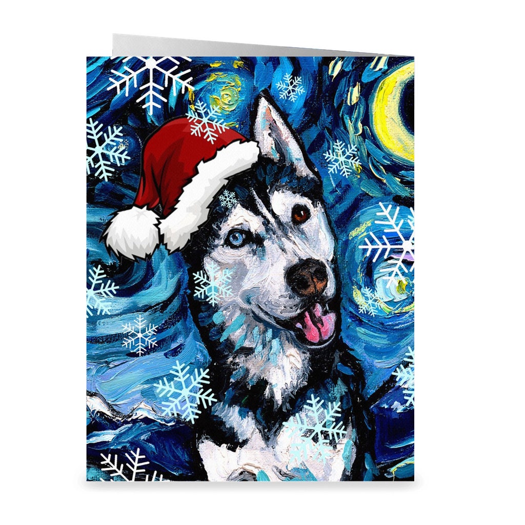Happy Husky Starry Night Dog Christmas Folded Greeting Cards 4.25x5.5 Inches With Envelopes Holiday Stationary Premium Card Stock