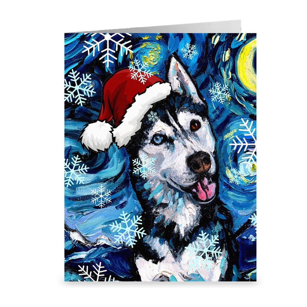 Happy Husky Starry Night Dog Christmas Folded Greeting Cards 4.25x5.5 Inches With Envelopes Holiday Stationary Premium Card Stock