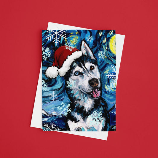 Happy Husky Starry Night Dog Christmas Folded Greeting Cards 4.25x5.5 Inches With Envelopes Holiday Stationary Premium Card Stock