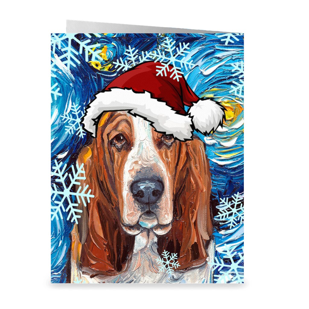 Basset Hound Starry Night Dog Christmas Folded Greeting Cards 4.25x5.5 Inches With Envelopes Image printed on both sides heavy card stock