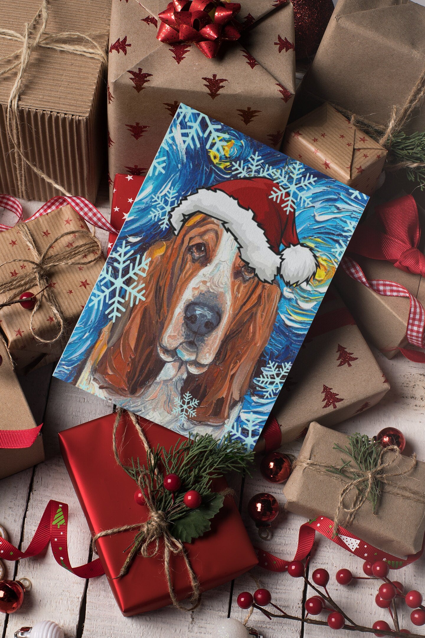 Basset Hound Starry Night Dog Christmas Folded Greeting Cards 4.25x5.5 Inches With Envelopes Image printed on both sides heavy card stock