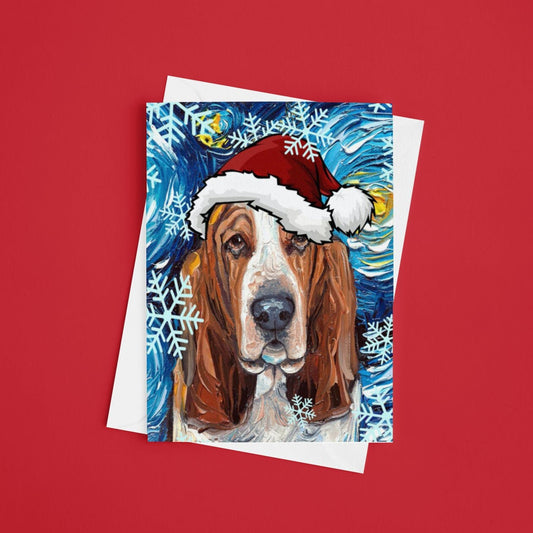 Basset Hound Starry Night Dog Christmas Folded Greeting Cards 4.25x5.5 Inches With Envelopes Image printed on both sides heavy card stock