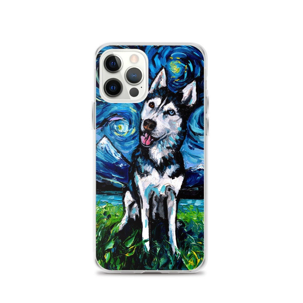 Happy Siberian Husky Night iPhone Case Dog lover phone protector art by Aja
