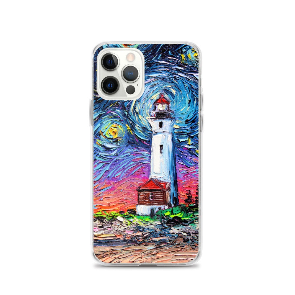 Lighthouse iPhone Case Seascape Phone Protector Starry Night Art by Aja Coastal Sea Artwork