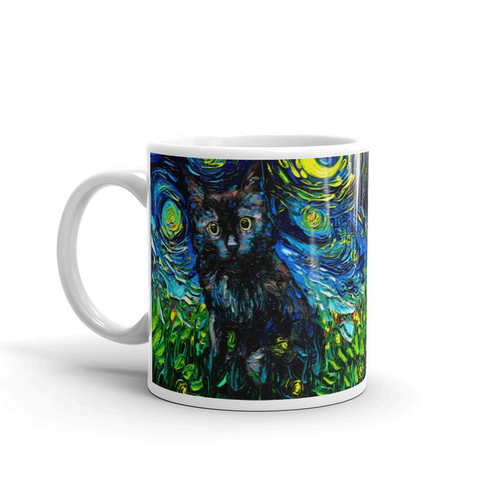 Black Cat Coffee Mug Starry Night Cat Lover Art by Aja ceramic coffee cup artwork home goods
