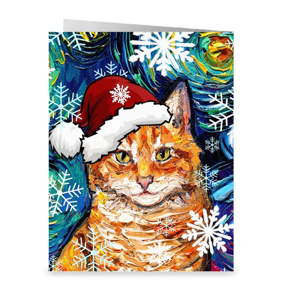 Holiday Folded Greeting Cards Orange Tabby Cat In Santa Hat Starry Night 4.25x5.5 Inches With Envelopes Christmas Stationary