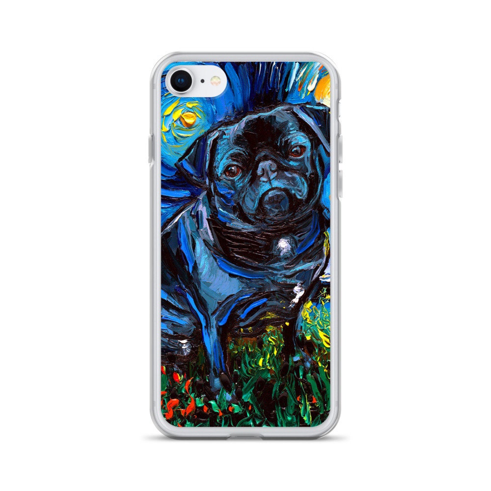 Black Pug Night iPhone Case Dog Lover Phone Protector Starry Night Art by Aja