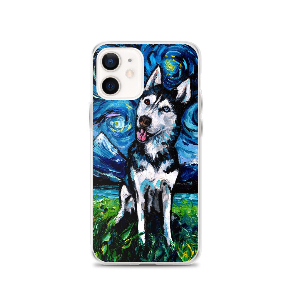 Happy Siberian Husky Night iPhone Case Dog lover phone protector art by Aja