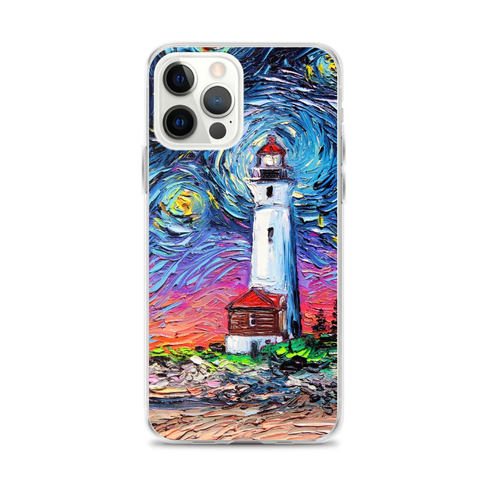 Lighthouse iPhone Case Seascape Phone Protector Starry Night Art by Aja Coastal Sea Artwork