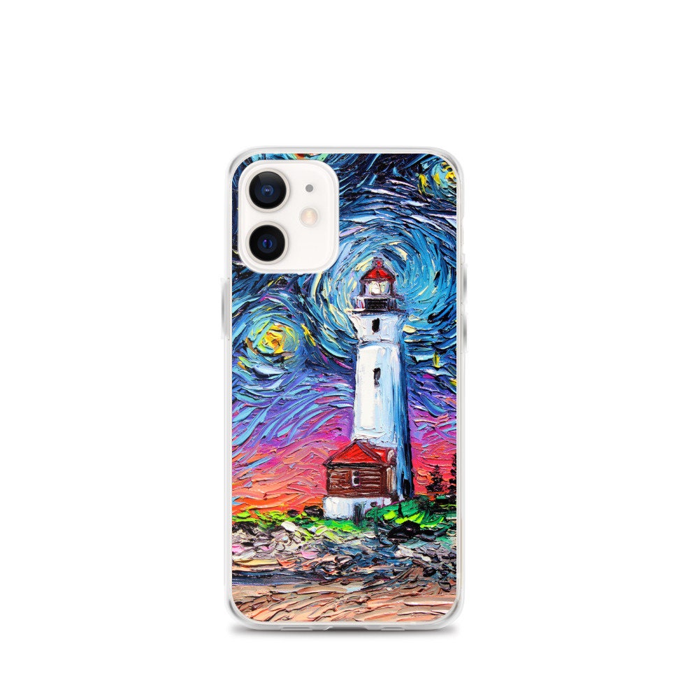 Lighthouse iPhone Case Seascape Phone Protector Starry Night Art by Aja Coastal Sea Artwork
