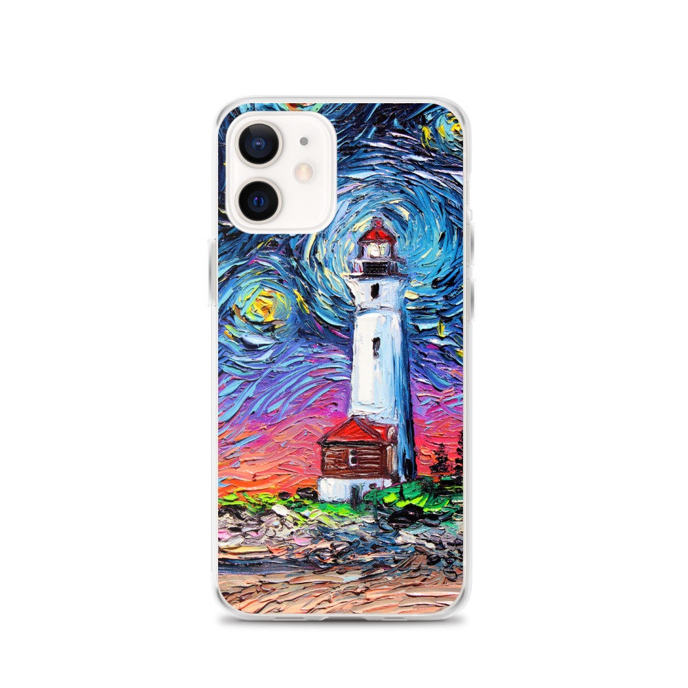 Lighthouse iPhone Case Seascape Phone Protector Starry Night Art by Aja Coastal Sea Artwork