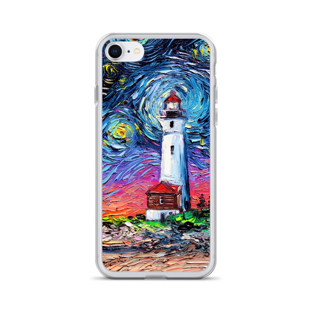 Lighthouse iPhone Case Seascape Phone Protector Starry Night Art by Aja Coastal Sea Artwork