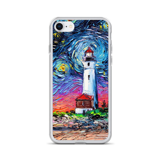 Lighthouse iPhone Case Seascape Phone Protector Starry Night Art by Aja Coastal Sea Artwork