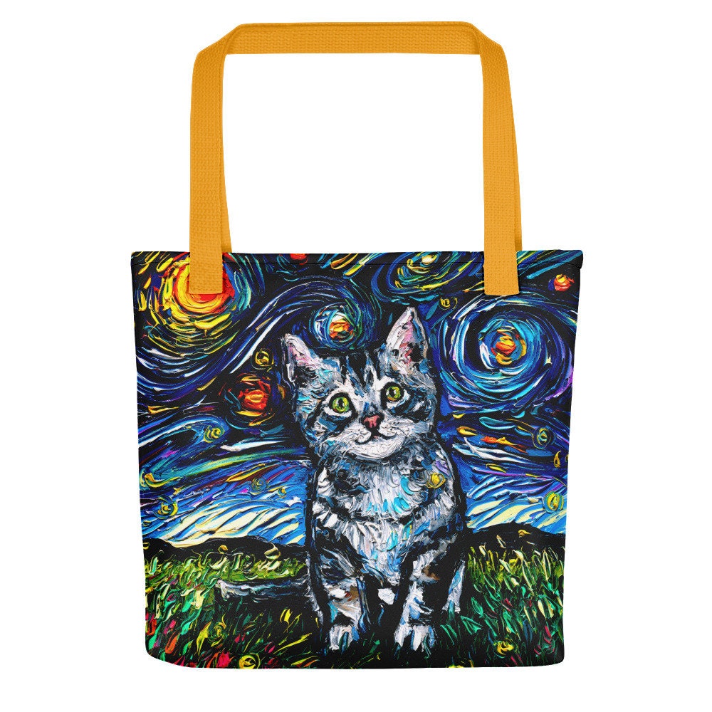 Gray Tabby Cat Kitten Starry Night Tote bag handbag artwork by Aja cat lover gift gym grocery shopping carry all