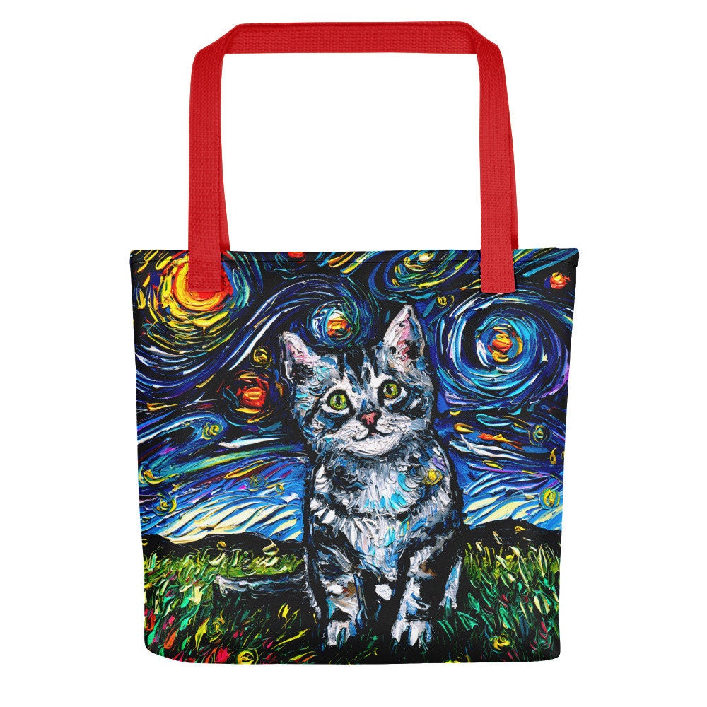 Gray Tabby Cat Kitten Starry Night Tote bag handbag artwork by Aja cat lover gift gym grocery shopping carry all