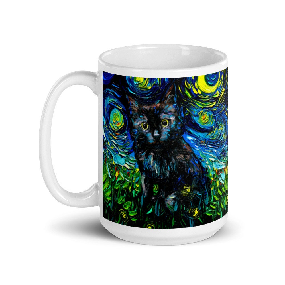 Black Cat Coffee Mug Starry Night Cat Lover Art by Aja ceramic coffee cup artwork home goods