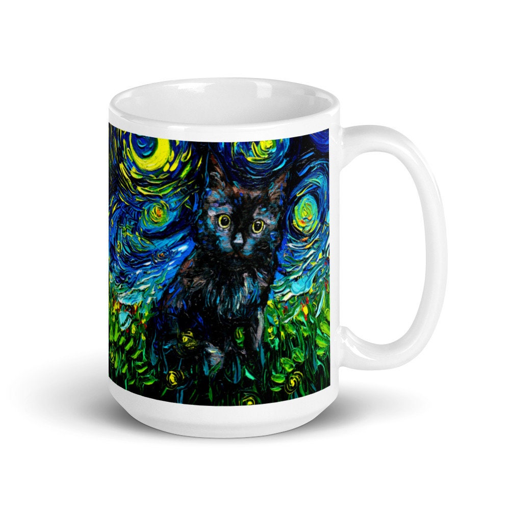 Black Cat Coffee Mug Starry Night Cat Lover Art by Aja ceramic coffee cup artwork home goods