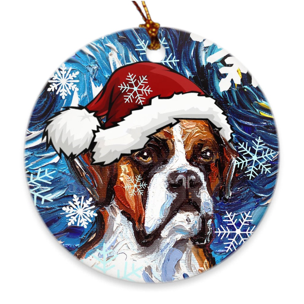 Boxer Dog In Santa Hat Art Starry Night 3x3 Inch Christmas Ornament Printed On Both Sides Ceramic Heirloom Tree Decoration