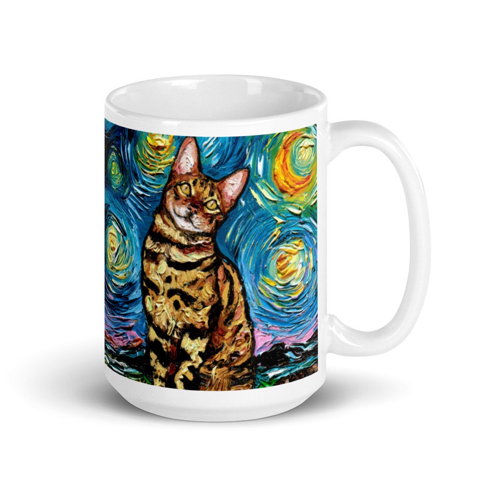 Bengal Cat Coffee Mug Starry Night Animal Art by Aja ceramic coffee cup artwork home goods kitchen housewarming gift cocoa tea mug