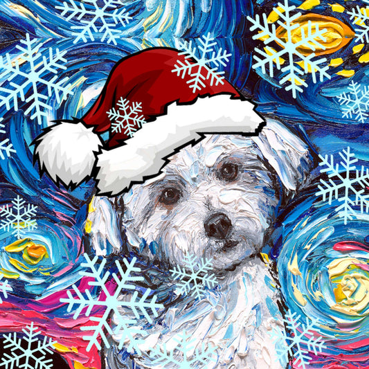 Digital Download of my Maltese in Santa hat Starry Night art by Aja  PNG file print your own Christmas ornament / greeting card