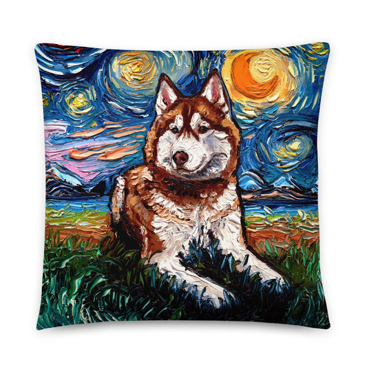 Red and White Siberian Husky Dog Lover Starry Night Basic Throw Pillow with insert Art by Aja home decor