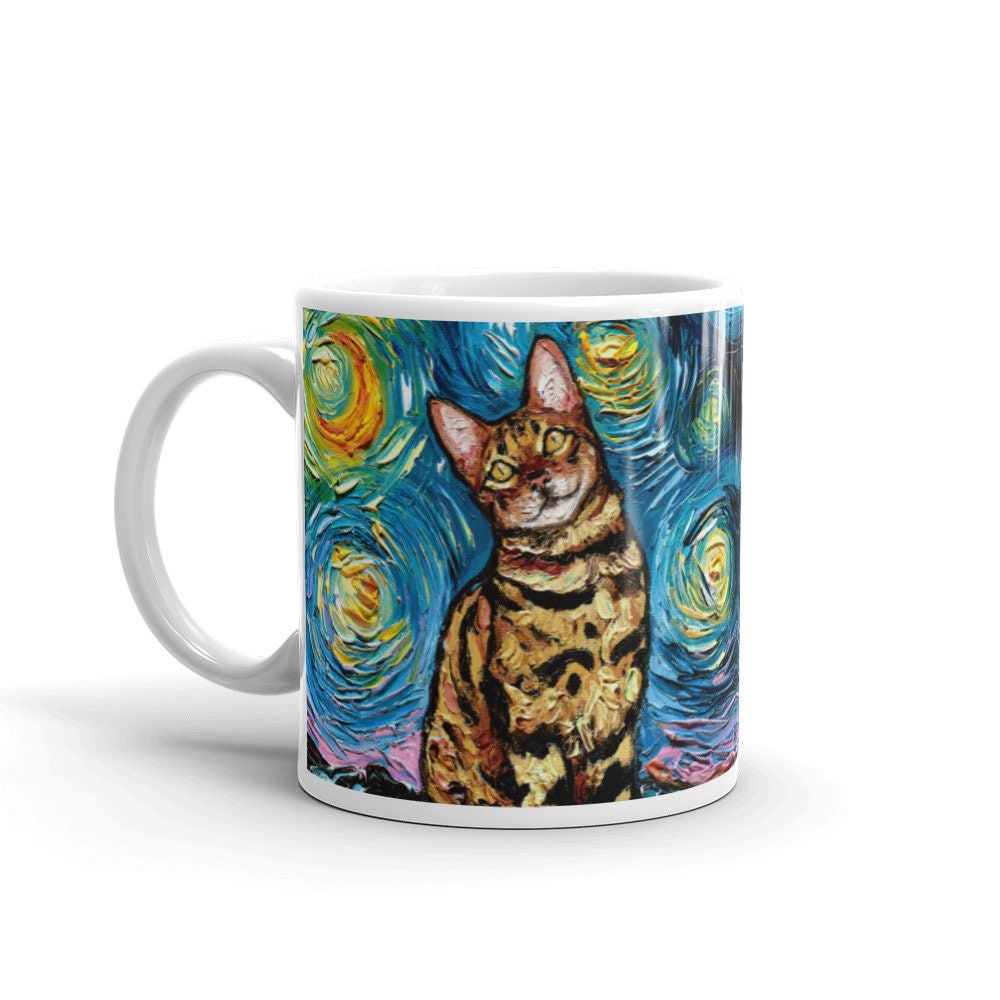 Bengal Cat Coffee Mug Starry Night Animal Art by Aja ceramic coffee cup artwork home goods kitchen housewarming gift cocoa tea mug