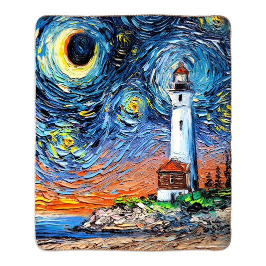 Coastal Lighthouse Starry Night 60x50 Inch Fleece Sherpa Blanket