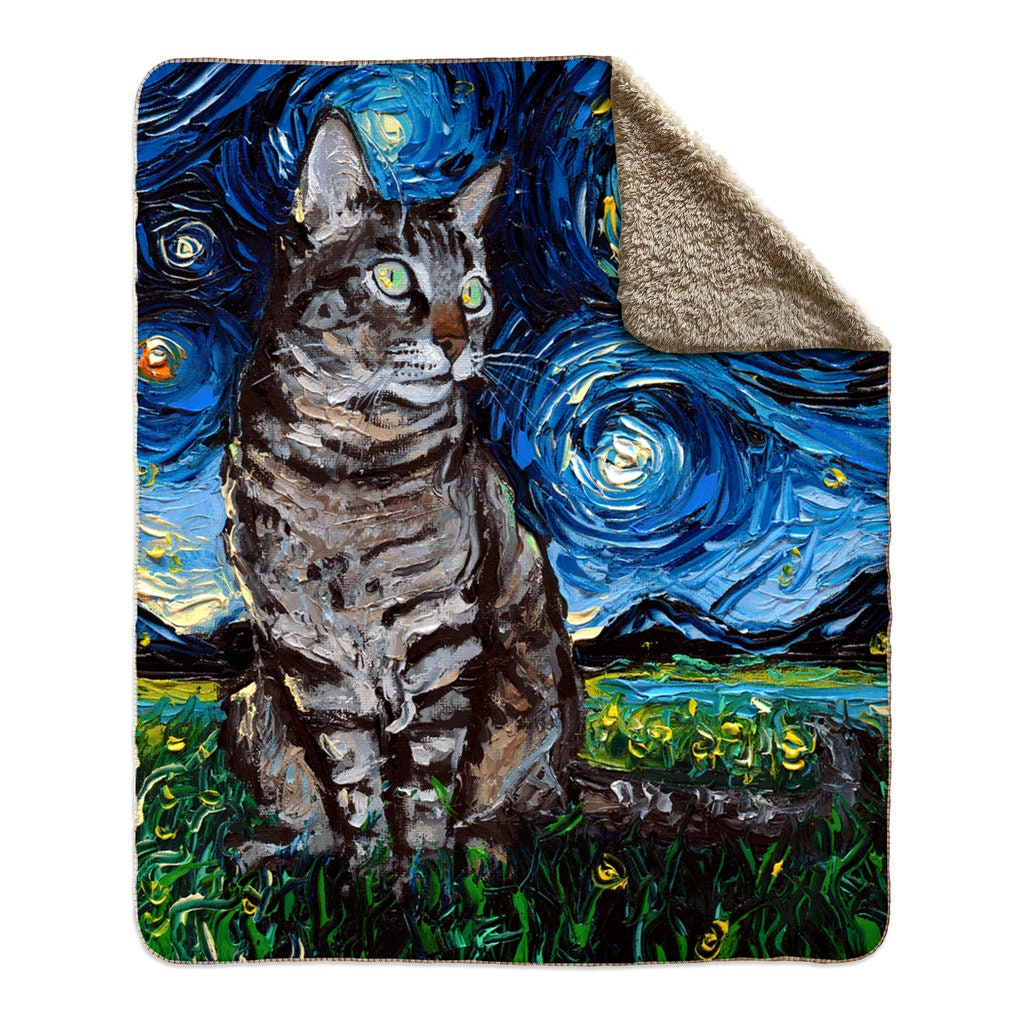 Tabby Cat Starry Night 60x50 Inch Fleece Sherpa Blanket