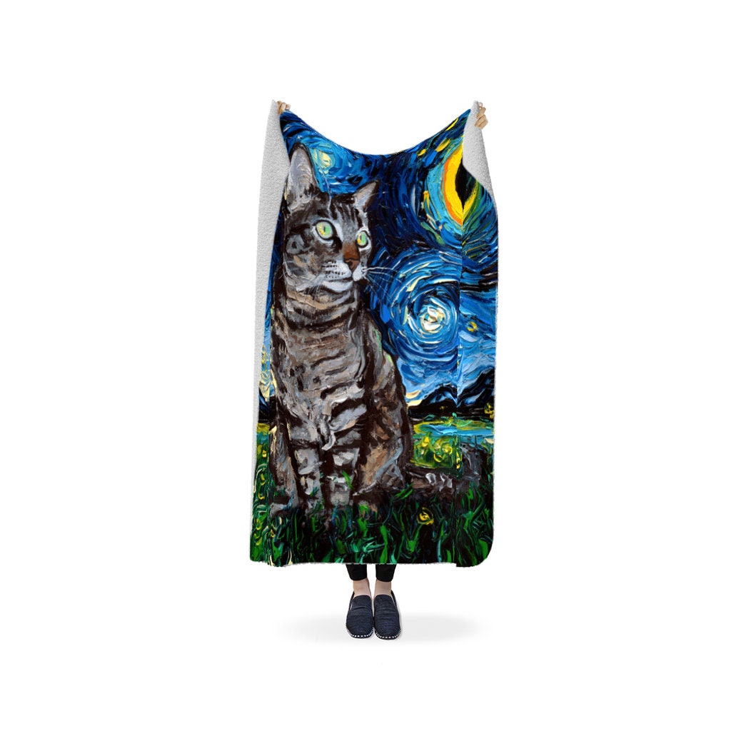 Tabby Cat Starry Night 60x50 Inch Fleece Sherpa Blanket
