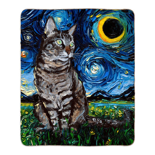 Tabby Cat Starry Night 60x50 Inch Fleece Sherpa Blanket
