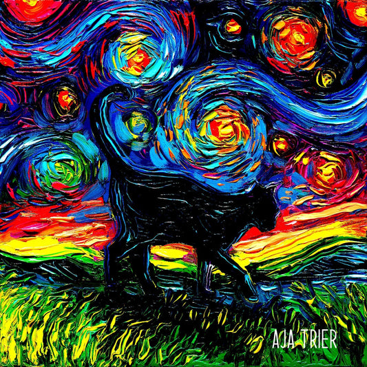 Black Cat Art CANVAS print Starry Night Ready to Hang wall decor artwork display by Aja animal home tiger kitty moon stars pet