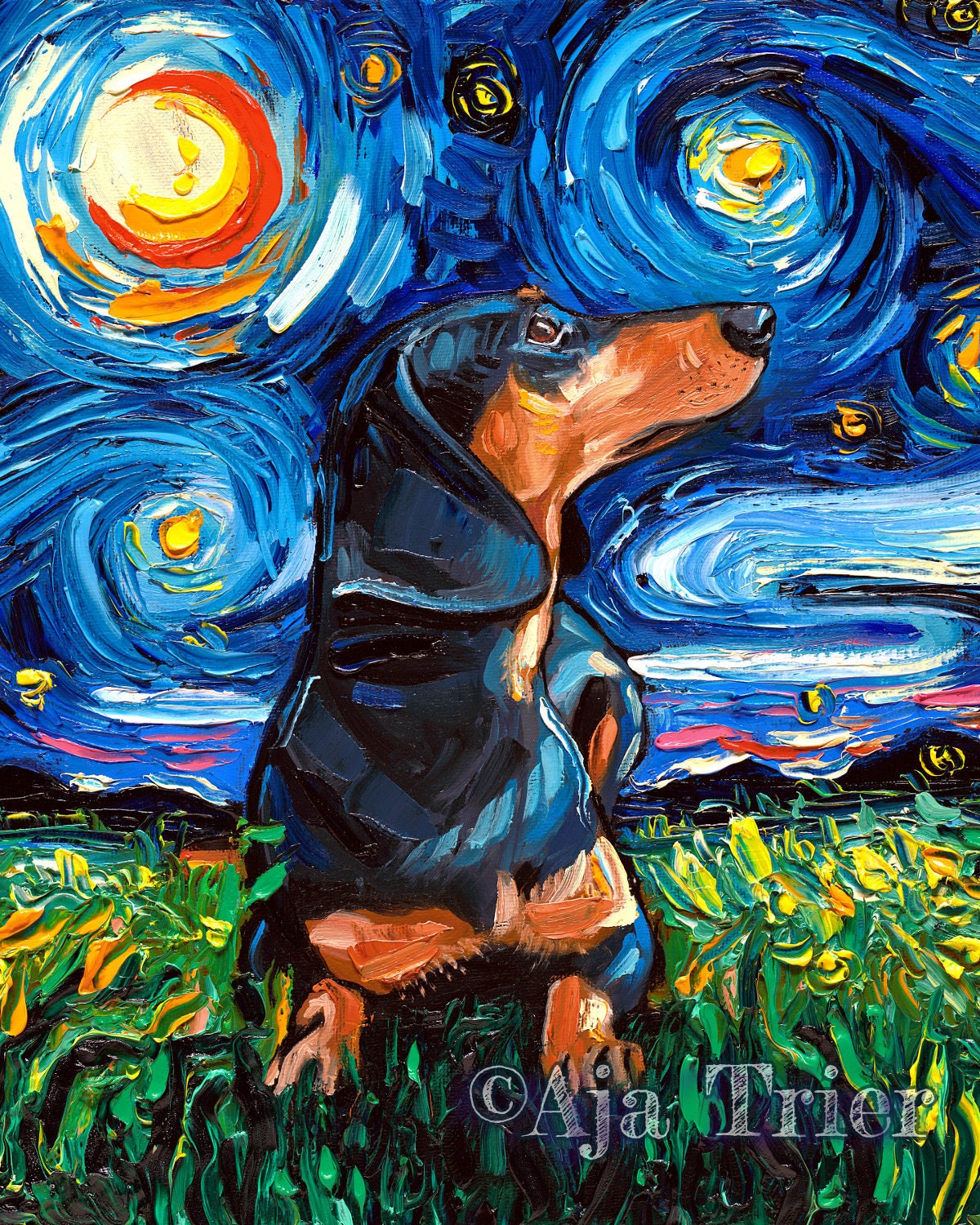 Black and tan Short haired Dachshund Starry Night dog Art CANVAS print by Aja Choose size doxie pet animal wall art home decor picture