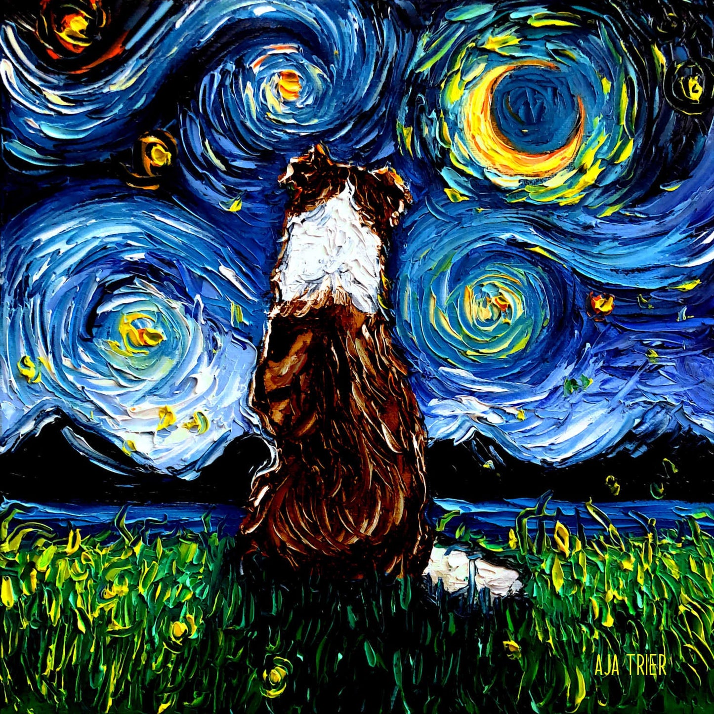 Red and white Border Collie Back Art CANVAS print Starry Night Ready to Hang wall decor artwork display by Aja animal home
