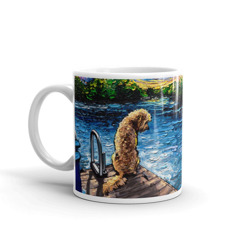 Coffee Mug  Goldendoodle on Dock of Lake Dog Lover Starry Night Art by Aja ceramic cup Landscape Poodle Mix Artwork