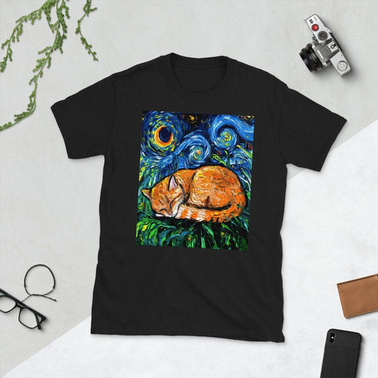 Shirt  Orange Tabby Cat Sleeping Starry Night Cats ShortSleeve Unisex TShirt Art by Aja Soft top clothing Pet Artwork Apparel