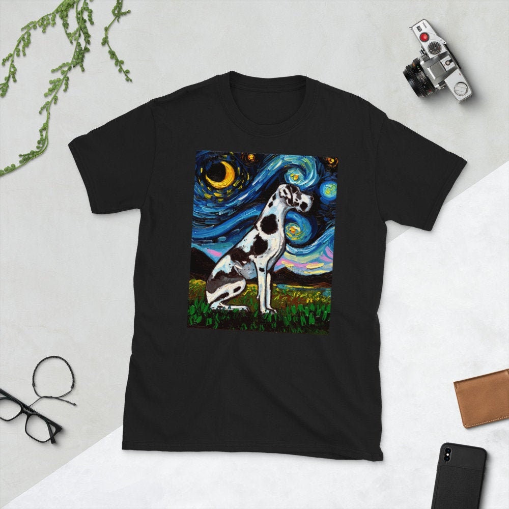 Shirt  Harlequin Great Dane Starry Night Dog ShortSleeve Unisex TShirt Art by Aja Soft top clothing Pet Artwork Apparel
